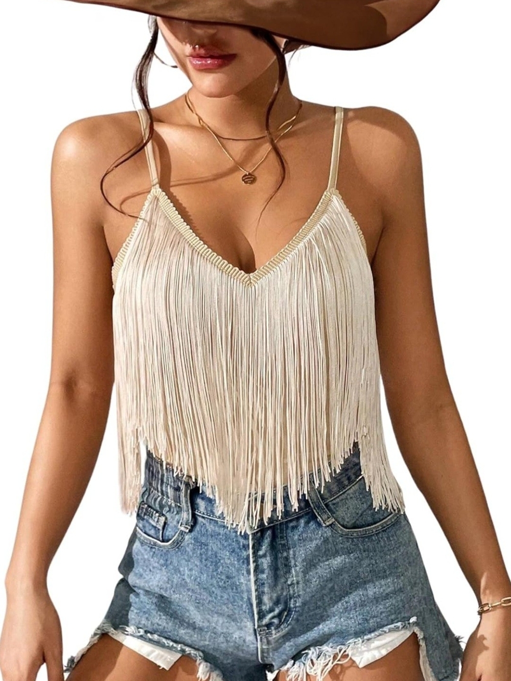 Fringe V-Neck Spaghetti Strap Tank Top - Cream